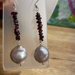 Handmade Garnet Cultured Pearl Dangle Earrings 2 ¾” L NEW